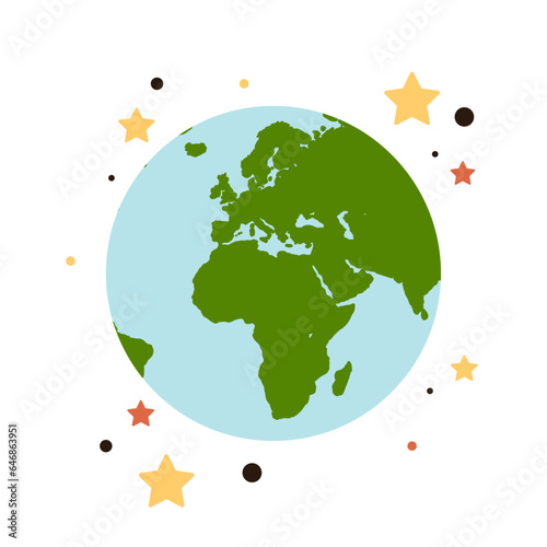 Earth globe with continents and world or planet drawn isolated on white background flat vector illustration.