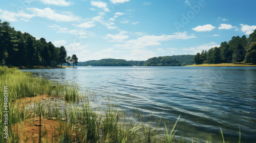 Views of beautiful lake on a colourful summer  autumn day.