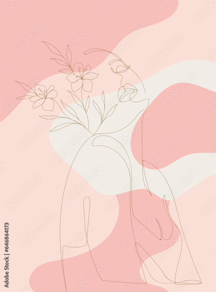 Feminine woman with flowers with minimal line art concept. Line art of beautiful woman's face and flowers. Continuous line art in minimalistic style for prints, tattoos, posters, textile, cards etc. Feminine woman with flowers with minimal line art concept. Line art of beautiful woman's face and flowers. Continuous line art in minimalistic style for prints, tattoos, posters, textile, cards etc.