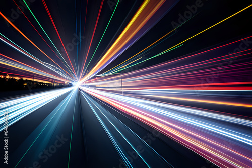 Abstract long exposure dynamic speed light trails background in the night city