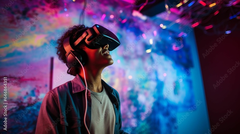 AI generated illustration of a male individual wearing a virtual reality headset AI generated illustration of a male individual wearing a virtual reality headset