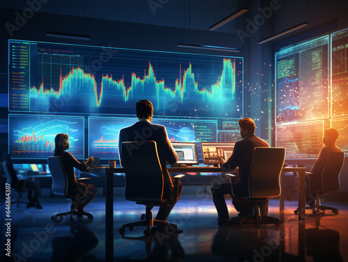 An entrepreneurial business team is engaged in a discussion and analysis of stock market trading graphs, focusing on their investment strategies and stock trading decisions