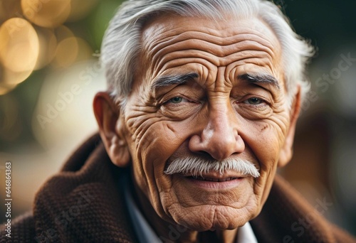 Mature elderly man with a full grey beard and long grey hair dressed in a brown jacket. Ai generated