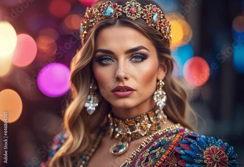 Stunning young woman wearing a traditional Arabic costume and a headpiece. Ai generated