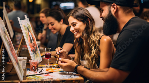 Pint Painting Night: Friends enjoy a creative evening of painting while sipping craft beers
