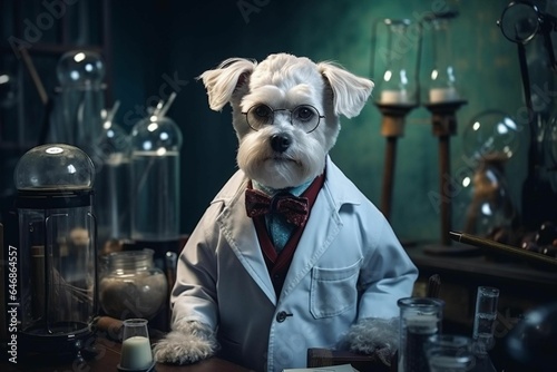 AI generated illustration of an adorable Maltese dog wearing a lab coat atop a table