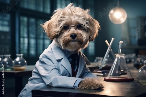 AI generated illustration of an adorable Maltipu dog wearing a lab coat atop a table