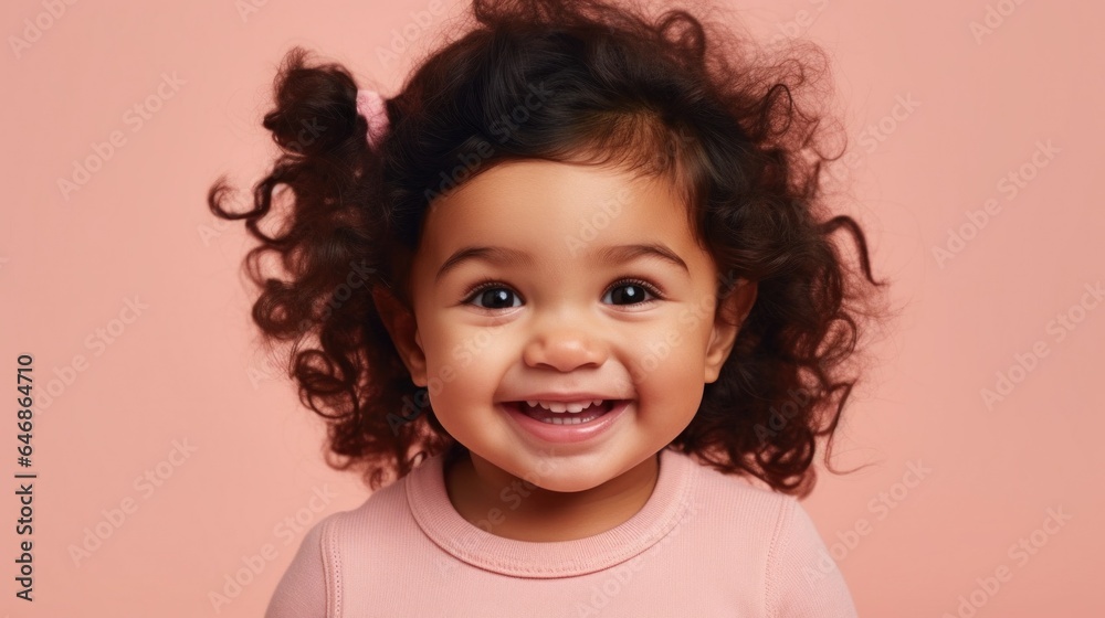 A delighted little girl, displaying multicultural joy, in neutral attire on a light beige-pink backdrop. Generative AI A delighted little girl, displaying multicultural joy, in neutral attire on a light beige-pink backdrop. Generative AI