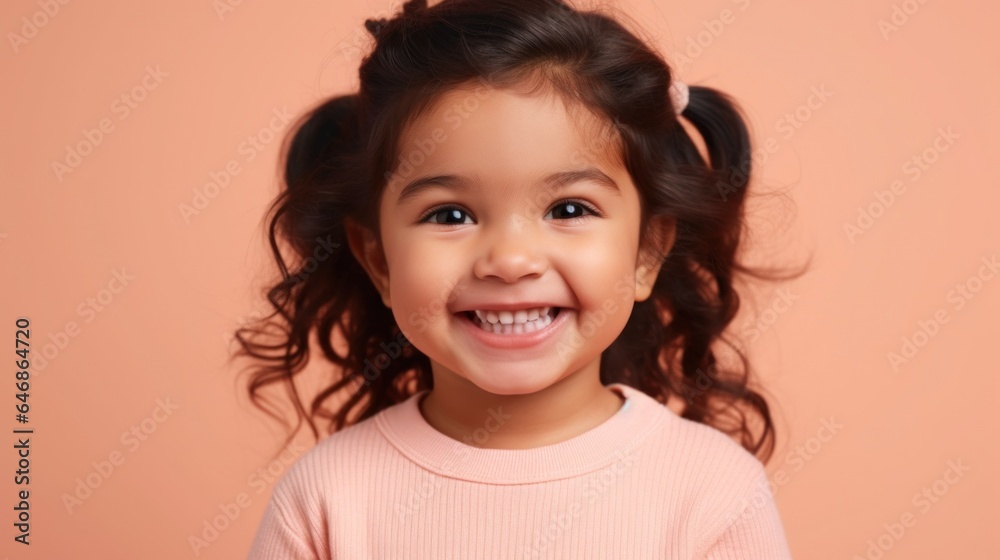 A beaming young girl, symbolizing diversity, in neutral attire, posed against a pinkish-beige studio backdrop. Generative AI A beaming young girl, symbolizing diversity, in neutral attire, posed against a pinkish-beige studio backdrop. Generative AI