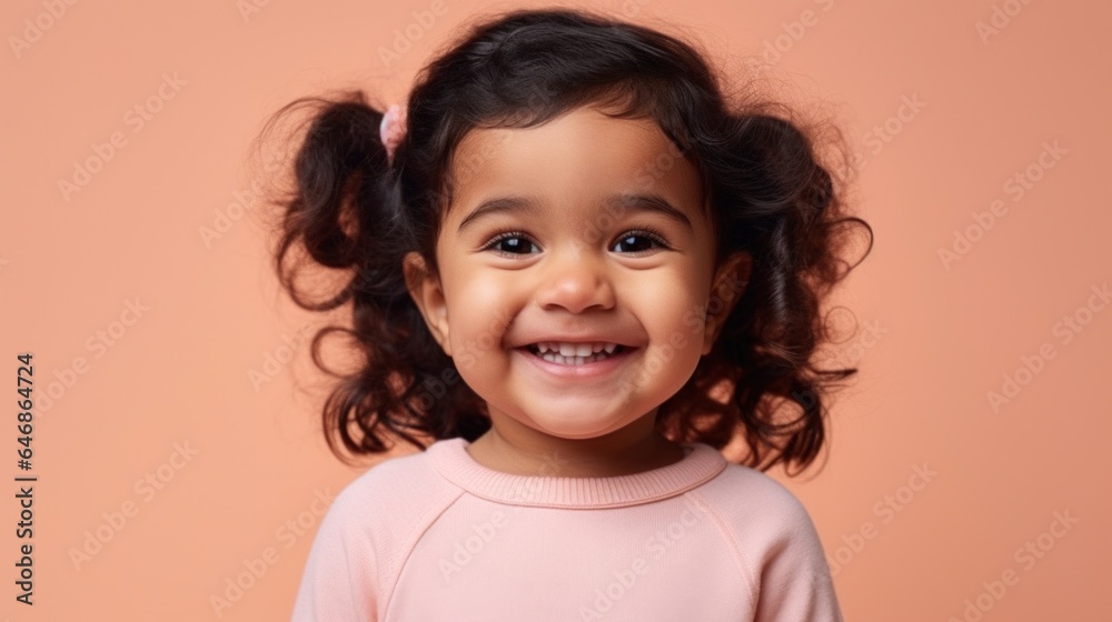 A delighted little girl, displaying multicultural joy, in neutral attire on a light beige-pink backdrop. Generative AI A delighted little girl, displaying multicultural joy, in neutral attire on a light beige-pink backdrop. Generative AI