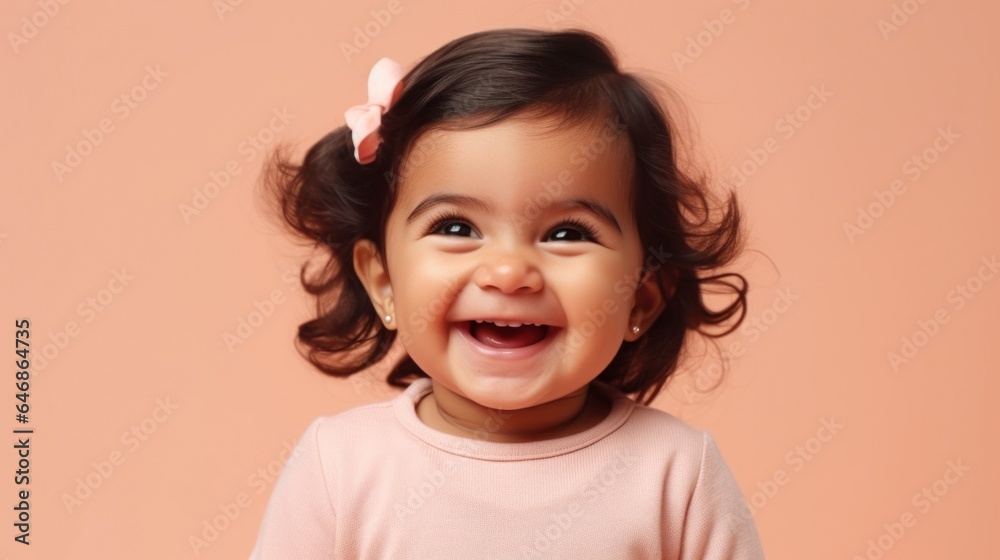 A beaming young girl, symbolizing diversity, in neutral attire, posed against a pinkish-beige studio backdrop. Generative AI A beaming young girl, symbolizing diversity, in neutral attire, posed against a pinkish-beige studio backdrop. Generative AI