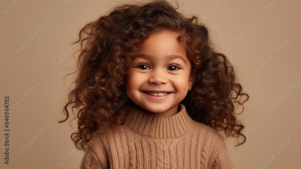 Portrait of a joyful little girl in studio wearing neutral clothes. Generative AI Portrait of a joyful little girl in studio wearing neutral clothes. Generative AI