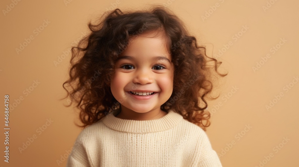 Portrait of a joyful little girl in studio wearing neutral clothes. Generative AI Portrait of a joyful little girl in studio wearing neutral clothes. Generative AI