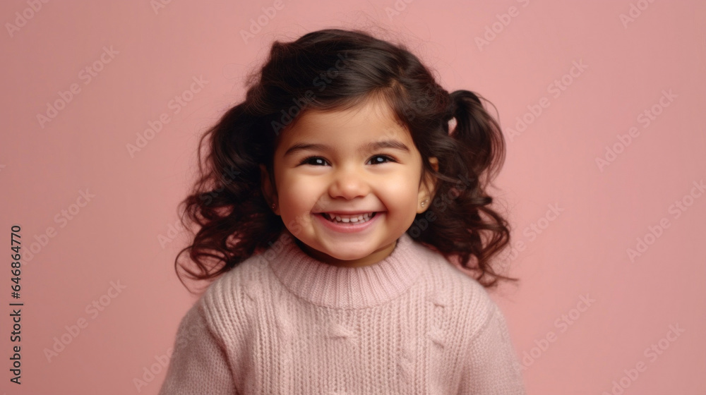 Happy toddler girl with a big smile in studio. Generative AI Happy toddler girl with a big smile in studio. Generative AI
