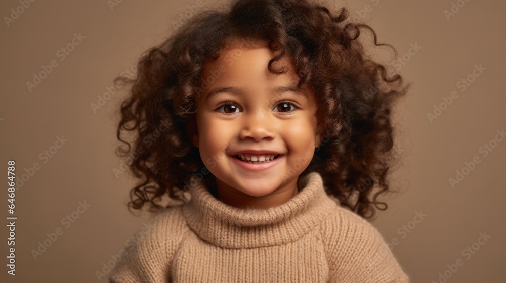 A happy toddler girl, representing diversity, smiles joyfully against a light beige studio backdrop. Generative AI A happy toddler girl, representing diversity, smiles joyfully against a light beige studio backdrop. Generative AI