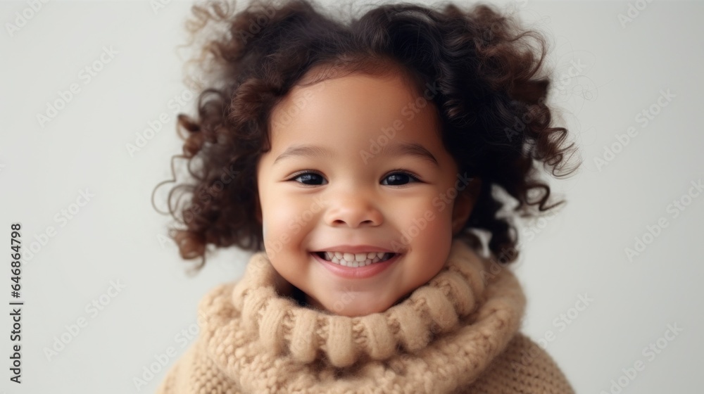 Joyful little girl in neutral clothing poses in front of the camera in a studio with beige background. Generative AI Joyful little girl in neutral clothing poses in front of the camera in a studio with beige background. Generative AI