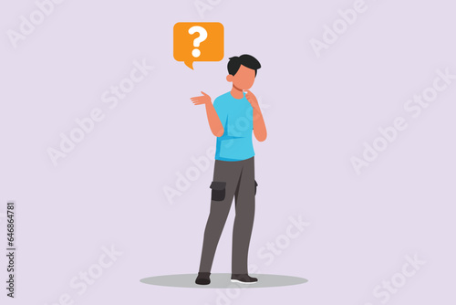 Confused man in doubts and thoughts concept. Colored flat vector illustration isolated. 
