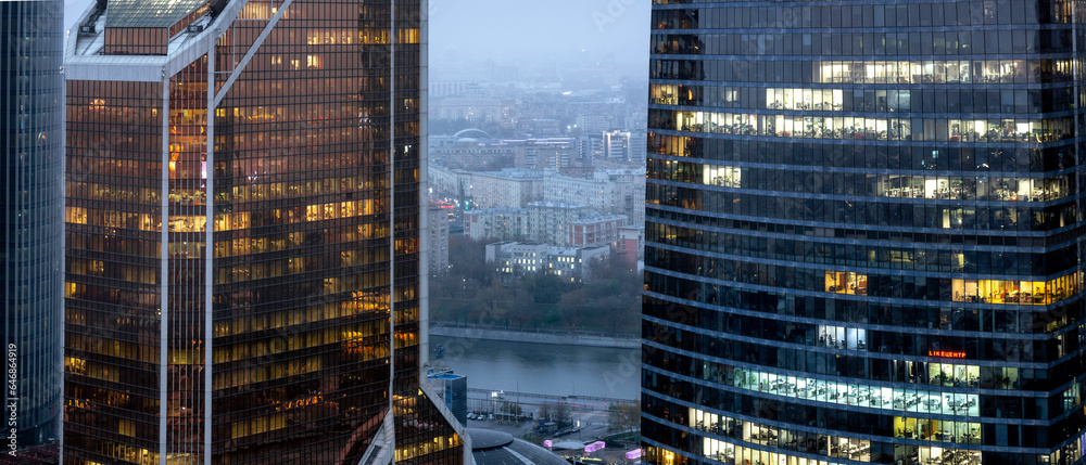 view of the skyscrapers of Moscow City at dusk