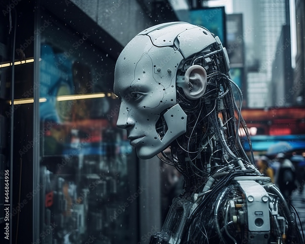 Fototapeta premium AI generated illustration of A human-shaped robot with a blurry background