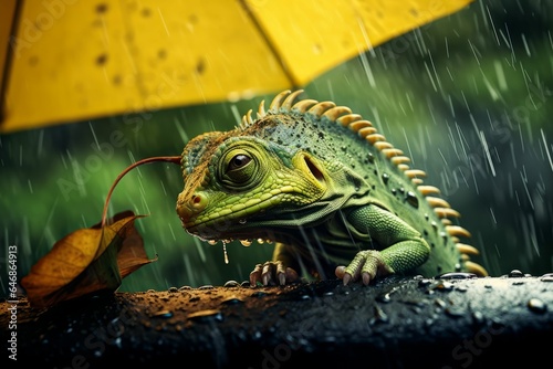AI generated illustration of   a green iguana sheltered by an umbrella in rainy weather