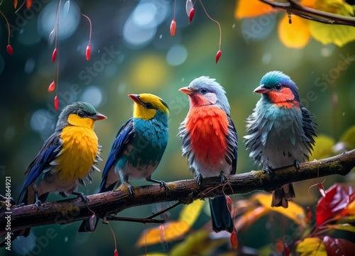 AI generated illustration of a flock of birds perched atop a lush, green tree branch