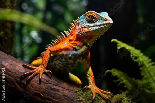 AI generated illustration of A vibrant lizard perched upon a branch surrounded by lush green foliage © Horst Foto/Wirestock Creators