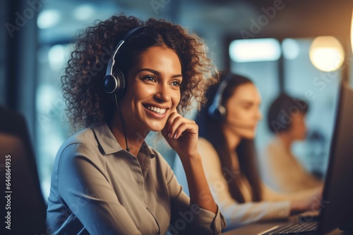 Woman working in a modern call center environment, AI-generated.