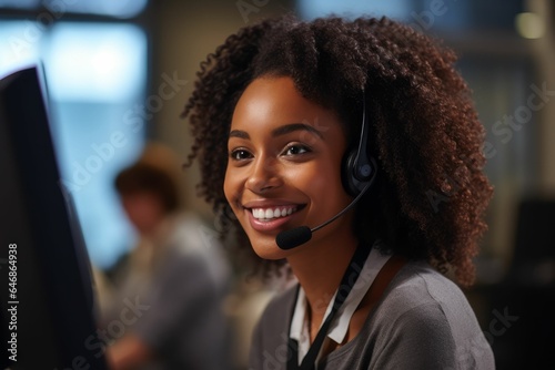 Woman working in a modern call center environment, AI-generated.