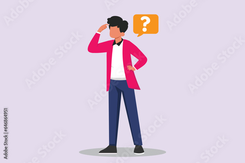 Confused man in doubts and thoughts concept. Colored flat vector illustration isolated. 