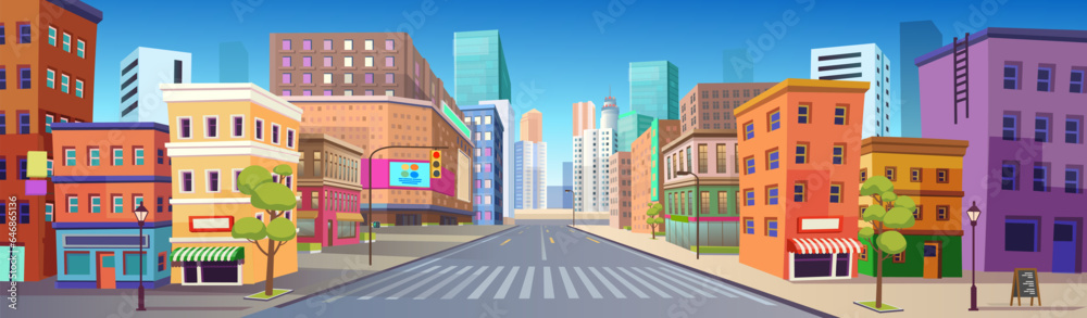 Panorama city with shops,  building, crossing,  mall  and traffic light .Vector illustration in flat style.