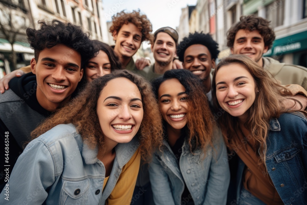 Group of Multi-ethnics college students friends at the downtown street. Photography of friendship in urban street in town background.