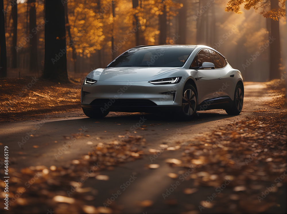 An Electric Vehicle drives down a forest road, surrounded by towering trees, beauty of nature