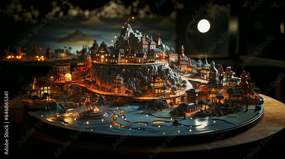 AI generated illustration of a picturesque quaint glowing town design on a platform AI generated illustration of a picturesque quaint glowing town design on a platform