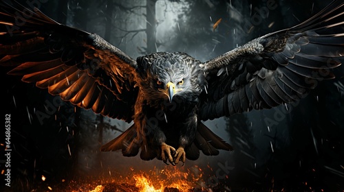 AI generated illustration of a bald eagle flying in a burning forest, with its wings wide open