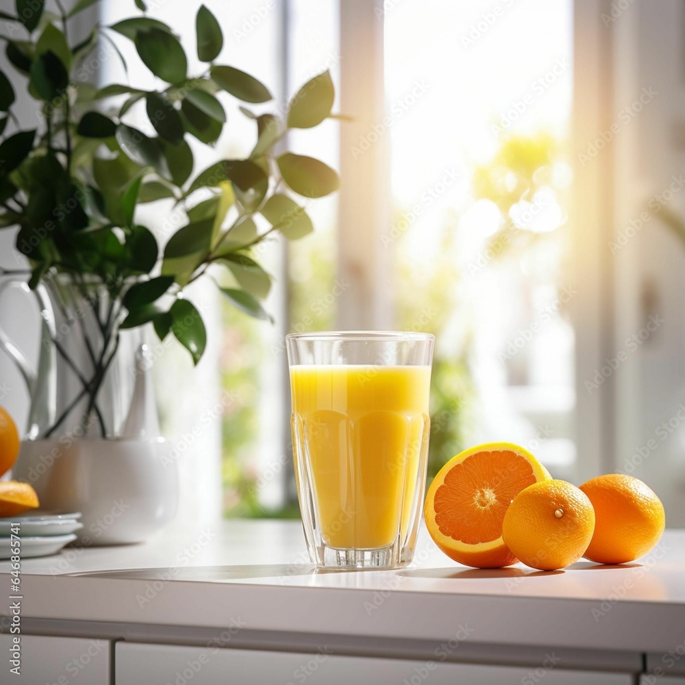 AI generated illustration of a glass of freshly-squeezed orange juice on a kitchen countertop AI generated illustration of a glass of freshly-squeezed orange juice on a kitchen countertop