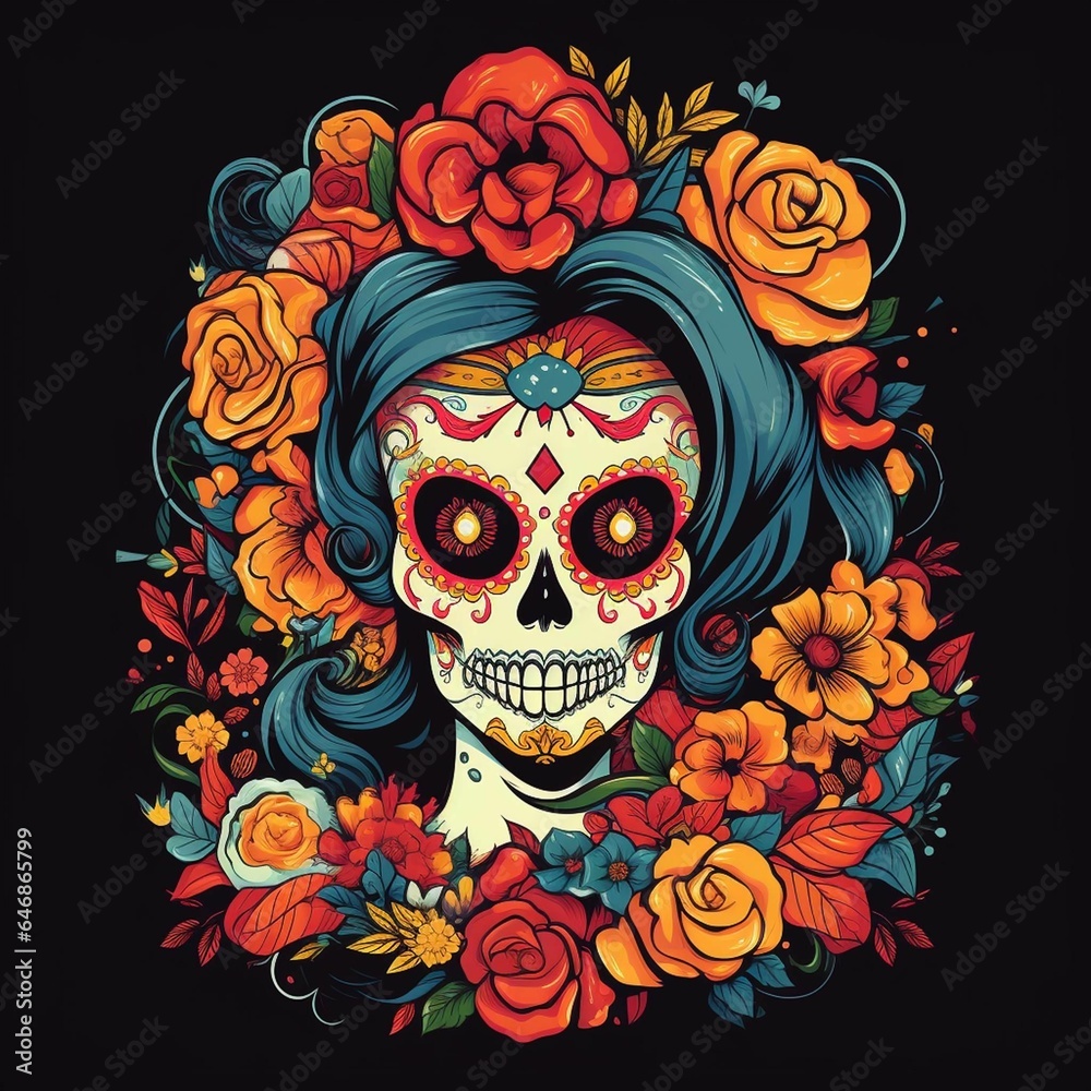 AI generated illustration of a festive Day of the Dead skull adorned with vibrant roses AI generated illustration of a festive Day of the Dead skull adorned with vibrant roses