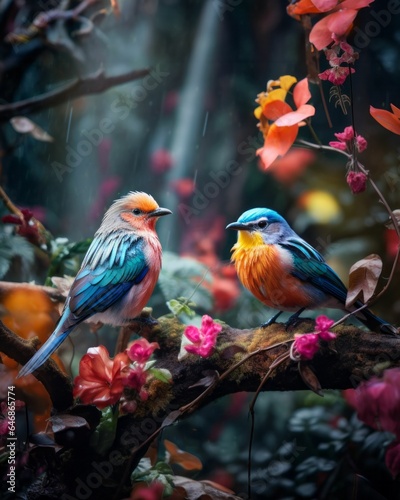 AI generated illustration of vibrant birds perched on a branch with a dark background
