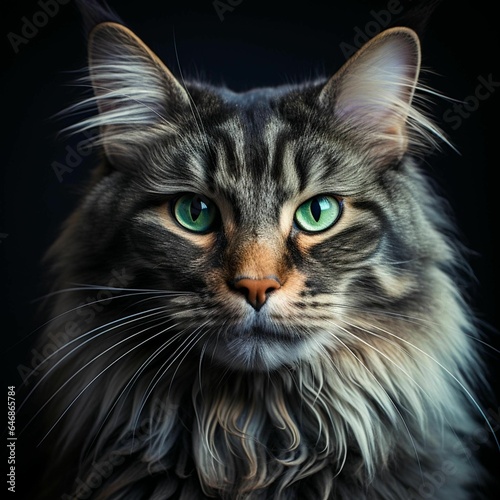 Portrait of a beautiful tabby cat with brilliant green eyes, AI-generated.