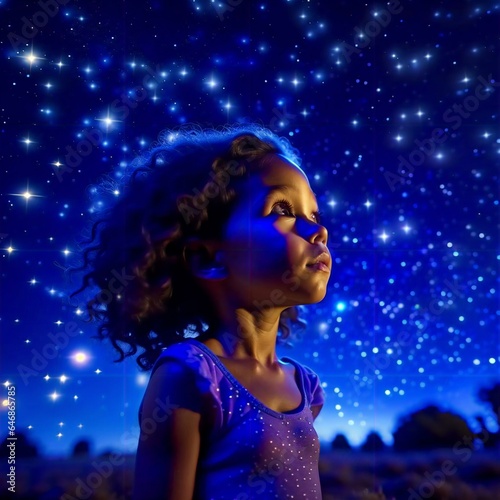 A little girl 5 years old at night among sparkling stars, AI generative