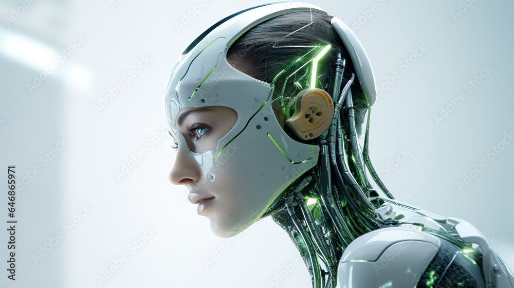 Artificial intelligence, futuristic digital technology humanoid robot face