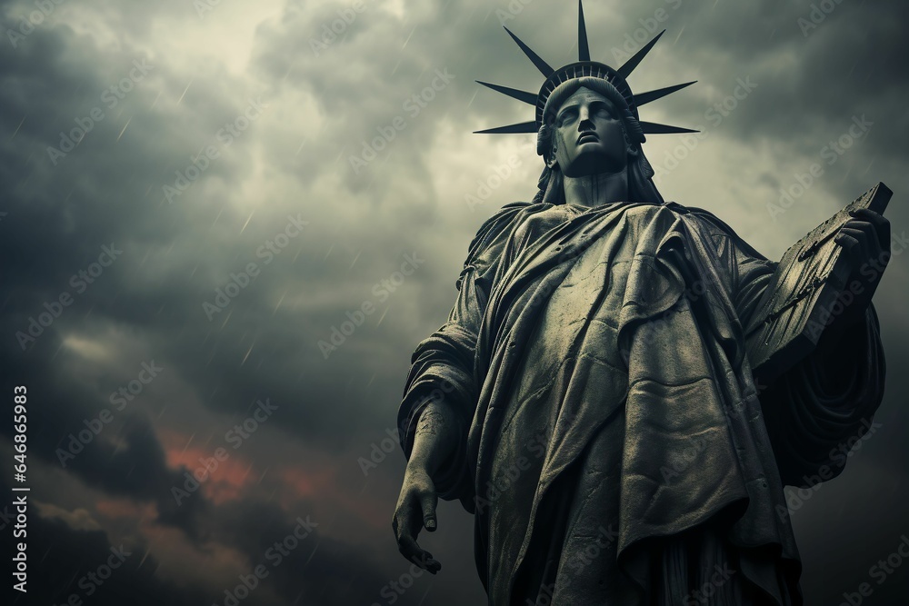 AI generated illustration of the iconic Statue of Liberty against a dramatic cloudy sky AI generated illustration of the iconic Statue of Liberty against a dramatic cloudy sky