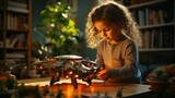AI generated illustration of an adorable young girl playing with a small toy robot