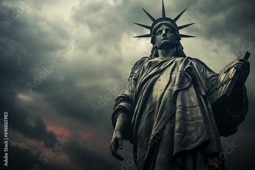 AI generated illustration of the iconic Statue of Liberty against a dramatic cloudy sky