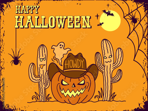 Halloween Pumpkin cowboy vector illustration. Pumpkin wearing cowboy hat with howdy text and American desert cactuses. Vector hand darwn line style illustration card background.