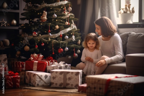 Toddler girl and mother  at Christmas in living room with Christmas presents and tree  empty copy space Generative AI