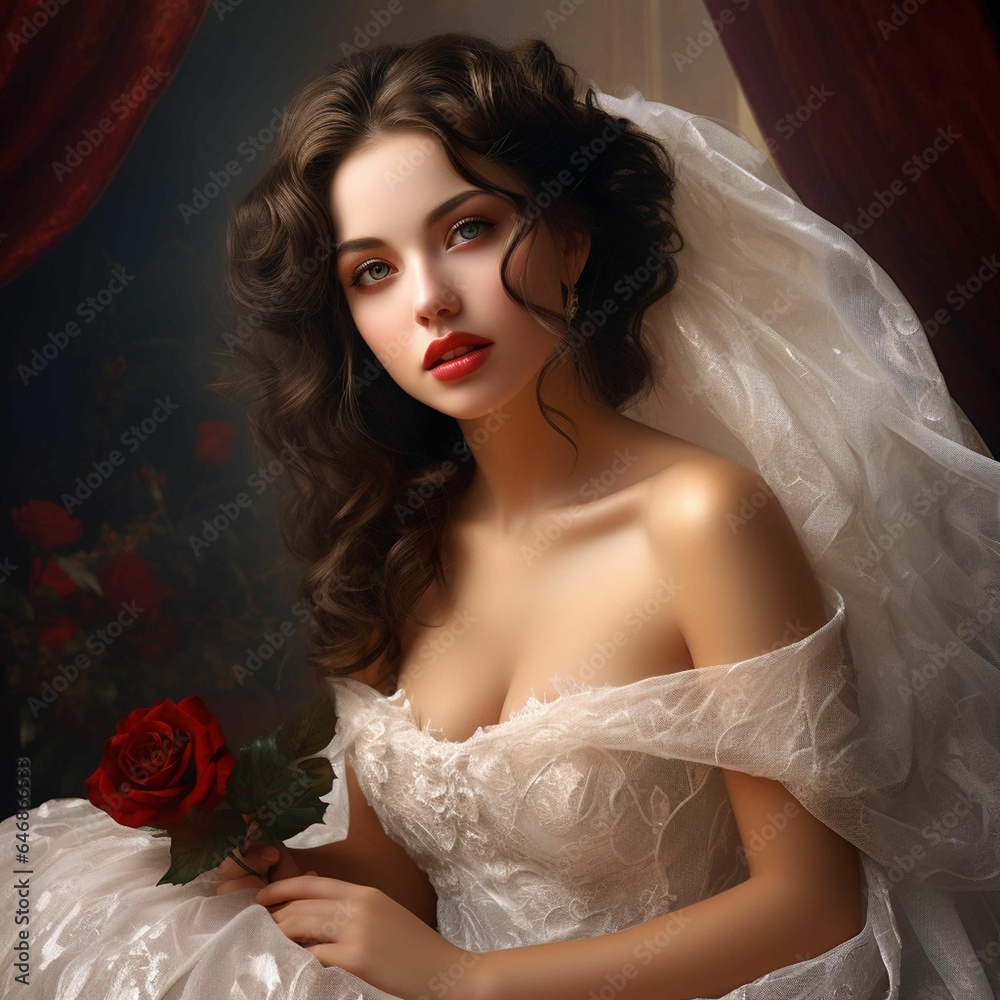AI generated illustration of a young female wearing a white dress and holding a red rose AI generated illustration of a young female wearing a white dress and holding a red rose