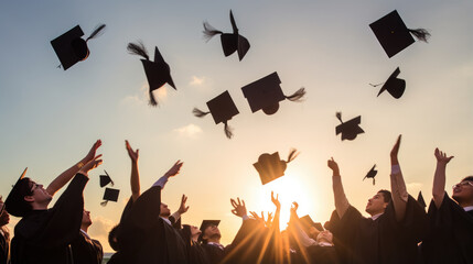 College graduated students throwing their caps up in celebration of graduation