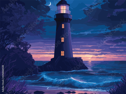 Design an intricate vector artwork showcasing a beach in the evening, with a palette of deep blues and purples, as a lighthouse stands sentinel, casting its guiding beam across the tranquil waters.
