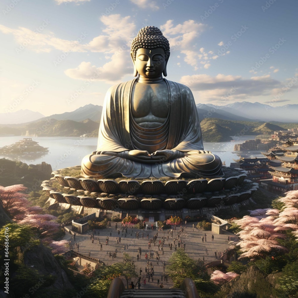 Fototapeta premium Giant Buddha statue surrounded by mountains, AI-generated.