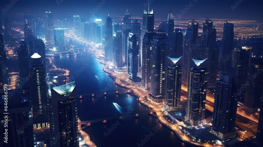 Panorama view of skyscraper city at night 